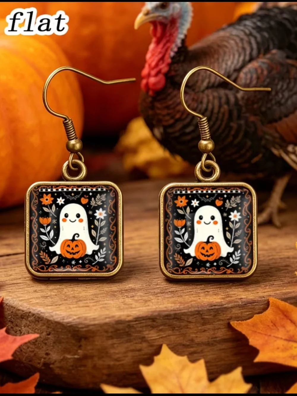 Halloween Ghost Pumpkin Drop Earrings - Gold Tone with Black & Orange Accents